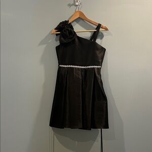 Rare Editions Black Satin Dress with Floral Bow